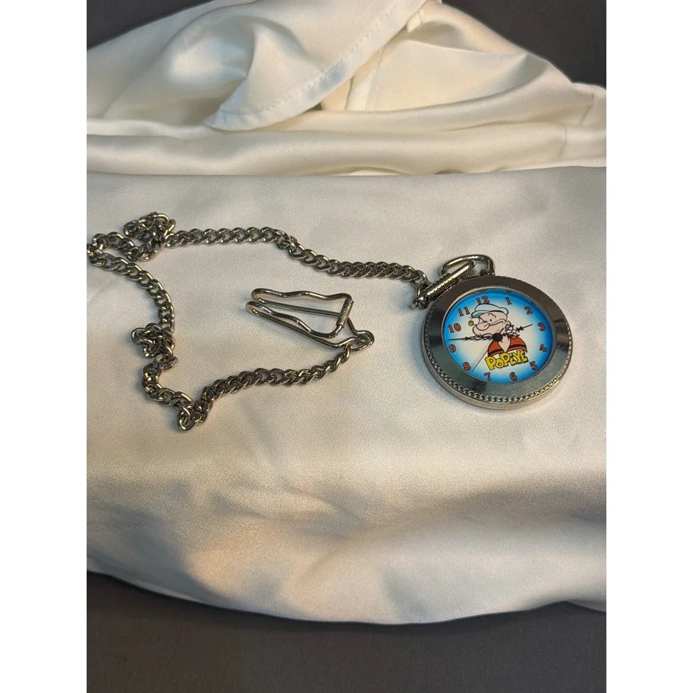Popeye the Sailor Man Pocket Watch Silver Tone Chain Belt Clip Collectible Ticks